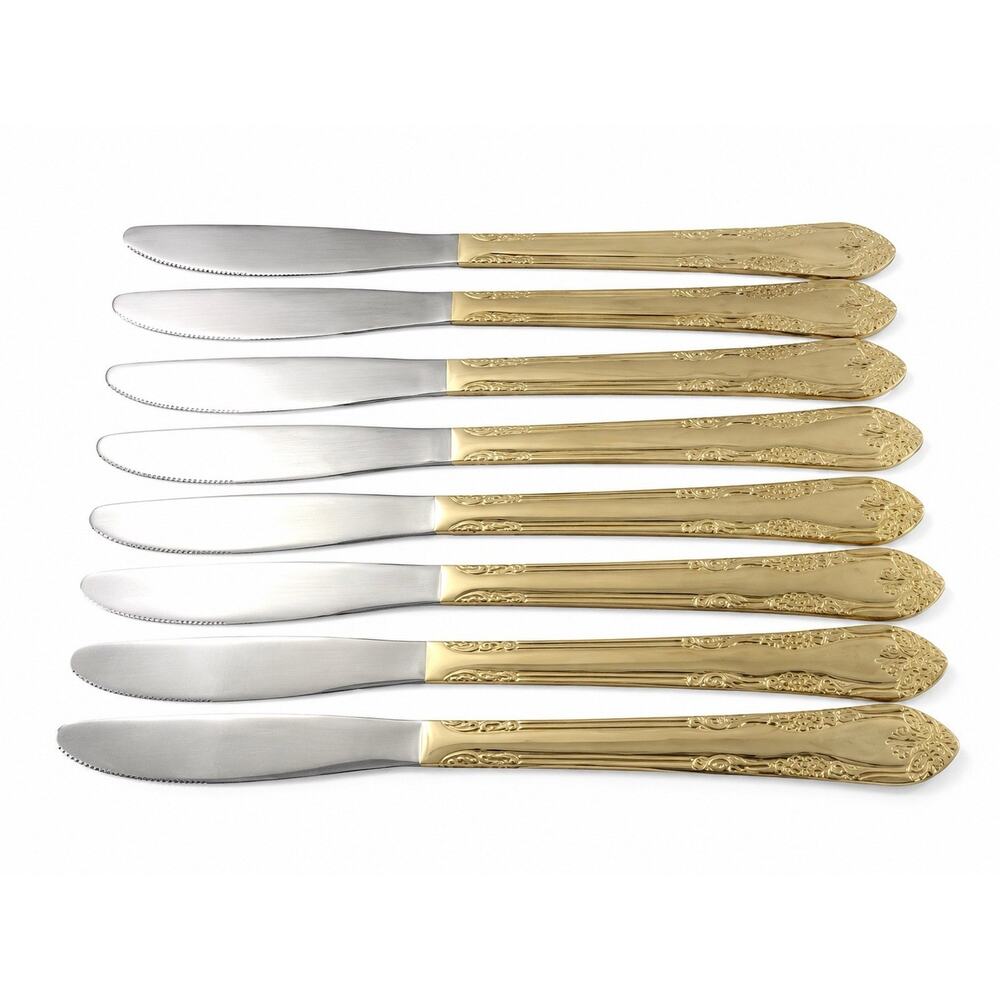 Set of 8 Gold Tone Handle Dinner Knives Stainless Steel Flatware Floral Pattern